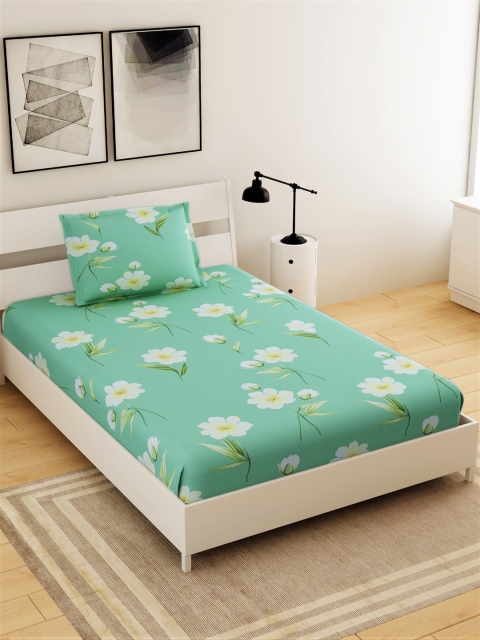 

Salona Bichona Sea Green & White Floral 144 TC Polyester 1 Single Bedsheet with 1 Pillow Covers