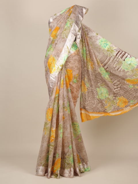 Pothys Taupe Printed Jute Silk Saree