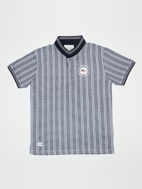 

Octave Boys Navy Blue Striped Mandarin Collar T-shirt