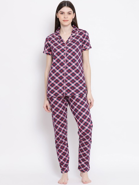 

Kanvin Women Pink & Maroon Checked Night Suit