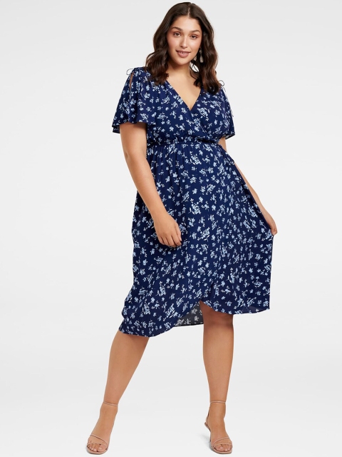

Forever New Women Plus Size Blue Printed Wrap Dress