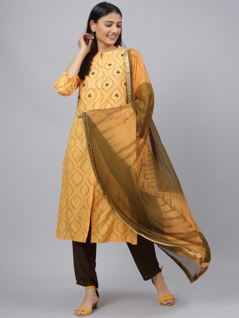 

ANAISA Women Mustard Printed Kurta with Trousers & Dupatta