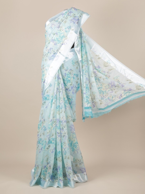 

Pothys Turquoise Blue & Silver-Toned Jute Silk Printed Saree