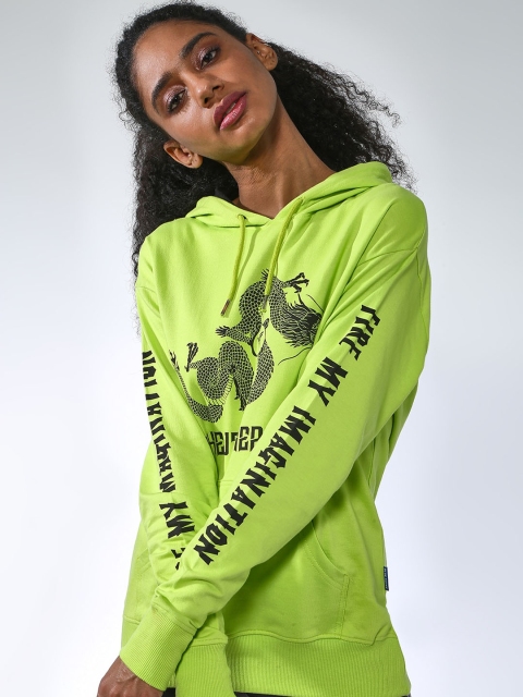 Blue Saint Women Green Printed Hooded Sweatshirt