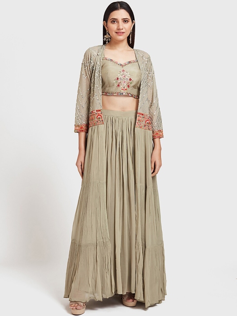 

Neerus Women Green & Red Embellished Top with Skirt & Waistcoat