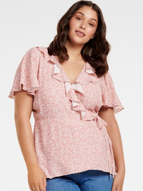 

Forever New Pink Floral Printed Flared Sleeves Crepe Wrap Top