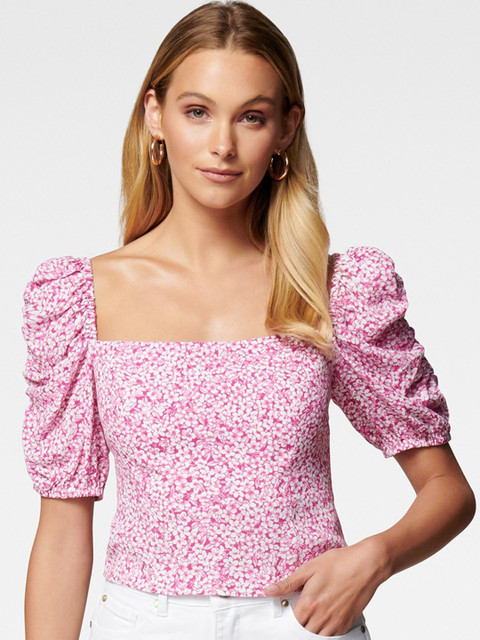 

Forever New Pink & White Floral Printed Puff Sleeves Top