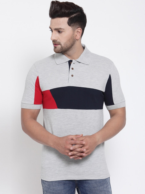

Kalt Men Grey Melange Colourblocked Polo Collar T-shirt