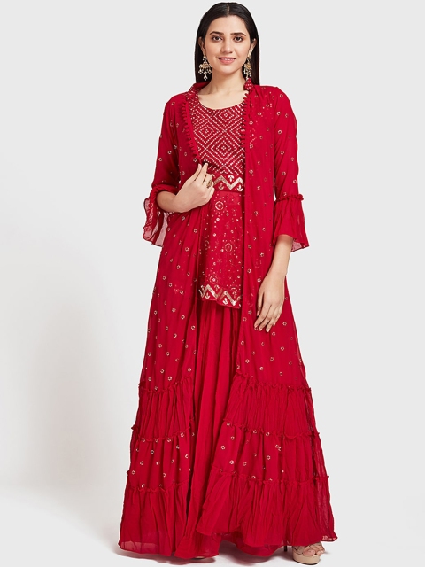 

Neerus Women Red Embellished Top & Skirt with Coat