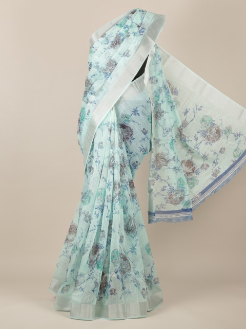 

Pothys Blue & Silver-Toned Jute Silk Printed Saree