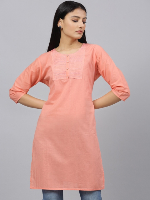 

ANAISA Women Peach-Coloured Ethnic Motifs Yoke Design Embroidered Kurta