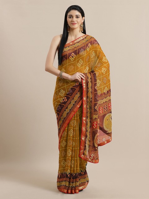 

Chhabra 555 Mustard Brown & Beige Poly Georgette Printed Bandhani Saree