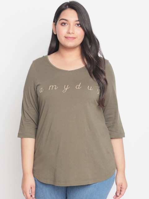 

Amydus Women Plus Size Olive Green Self Design Round Neck T-shirt