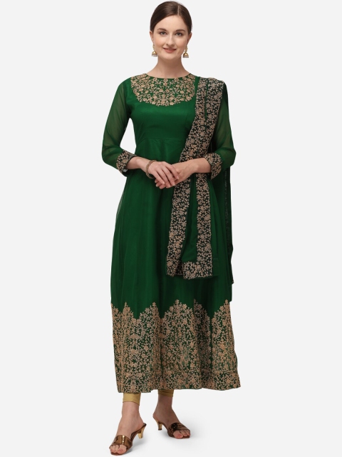 Florence Green & Gold-Toned Poly Georgette Semi-Stitched Dress Material
