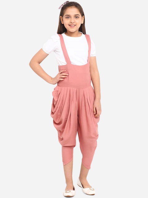 

Yuvraah Girls Pink & White Solid Dungaree with T-shirt