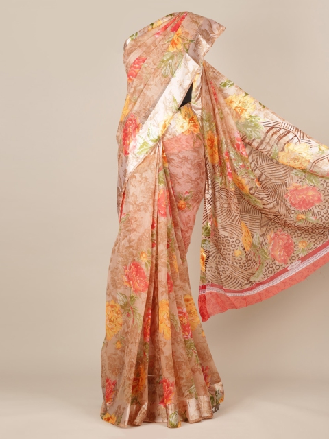 

Pothys Taupe & Pink Jute Silk Printed Saree