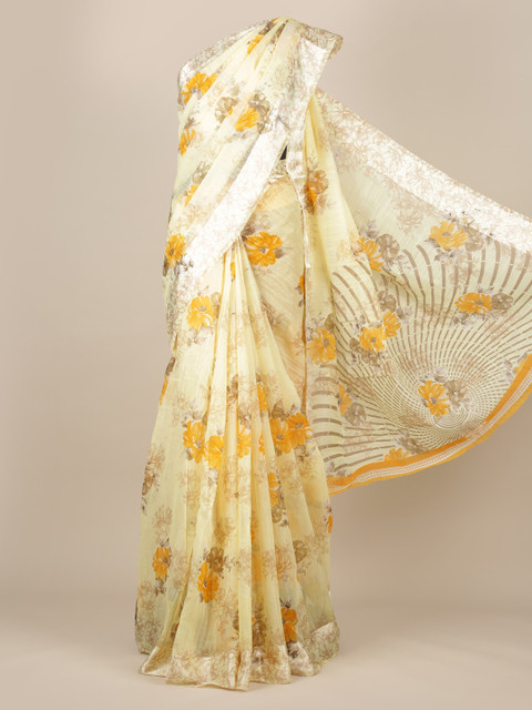 

Pothys Yellow Printed Jute Silk Saree
