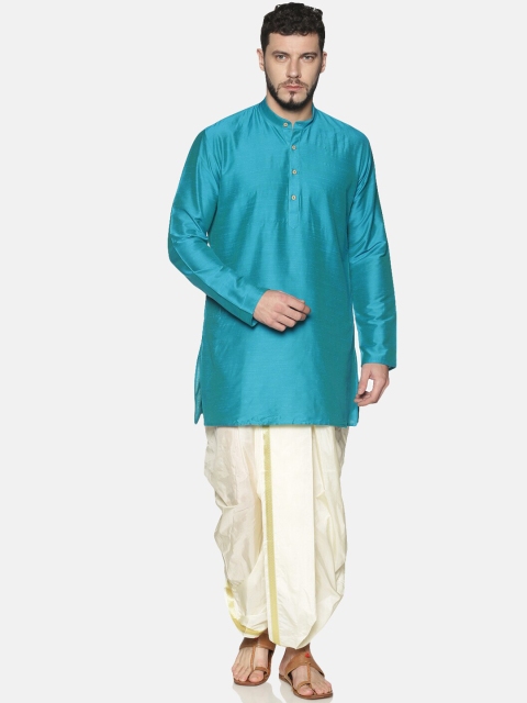 TATTVA Men Blue & Off-White Solid Kurta with Dhoti Pants