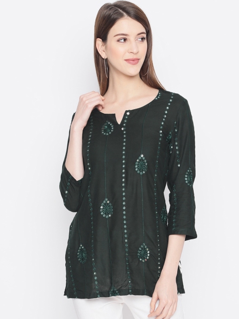 

AKIMIA Women Green Embroidered Mirror Work Straight Kurti