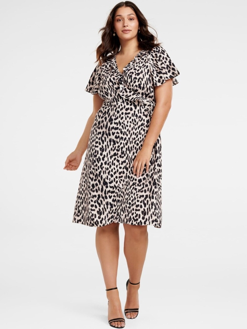 

Forever New Women Beige & Black Animal Printed Ruffle Wrap Dress