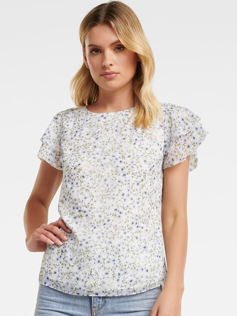 

Forever New White Floral Printed Flutter Sleeves Top