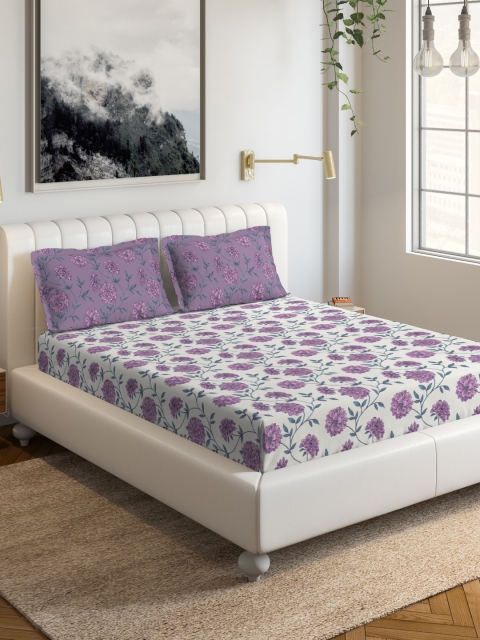 

DDecor White & Purple Floral 144 TC Cotton 1 Queen Bedsheet with 2 Pillow Covers