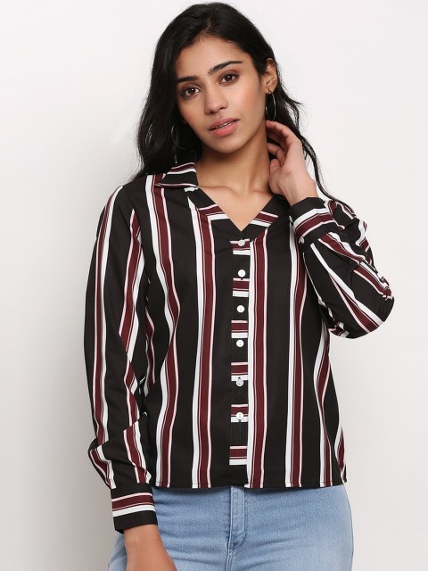 

Slenor Women Black & Maroon Regular Fit Striped Casual Shirt
