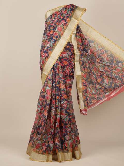 

Pothys Navy Blue & Orange Jute Silk Printed Saree