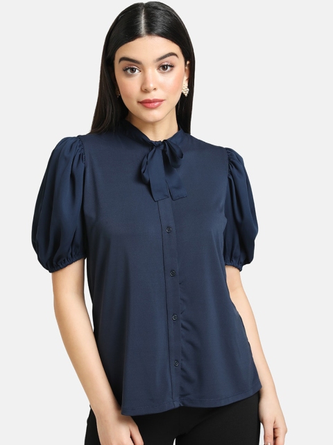 

Kazo Blue Tie-Up Neck Puff Sleeves Top