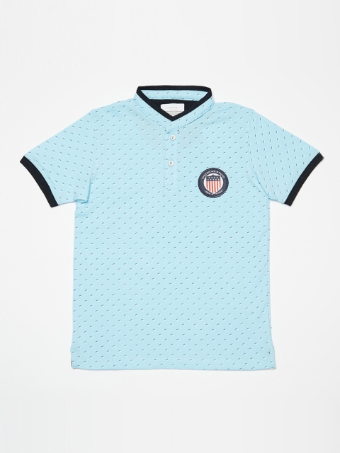 

Octave Boys Blue Self Design Mandarin Collar T-shirt