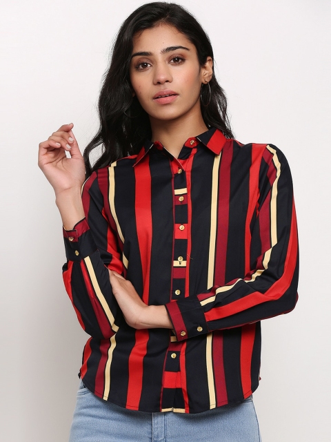 

Slenor Women Red & Black Regular Fit Striped Casual Shirt