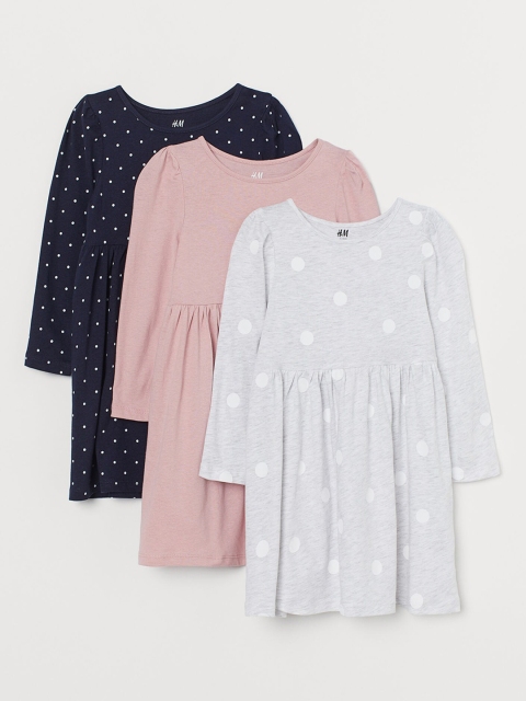 

H&M Girls Multicoloured 3-Pack Cotton Sustainable Dresses, Multi