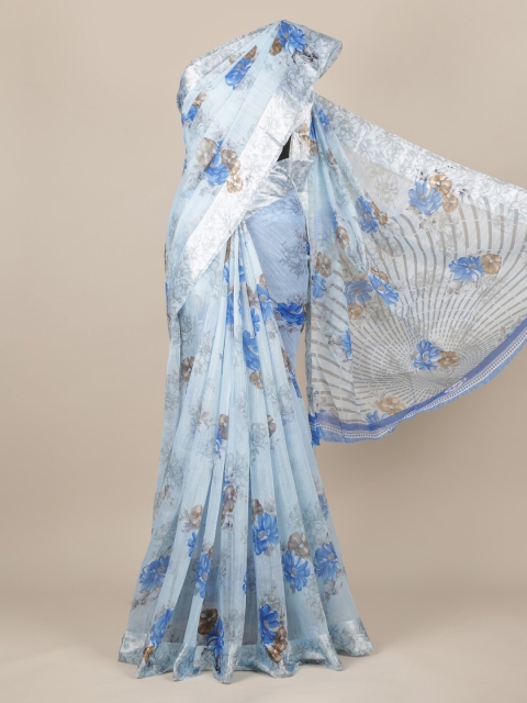 

Pothys Blue & Silver-Toned Jute Silk Printed Saree