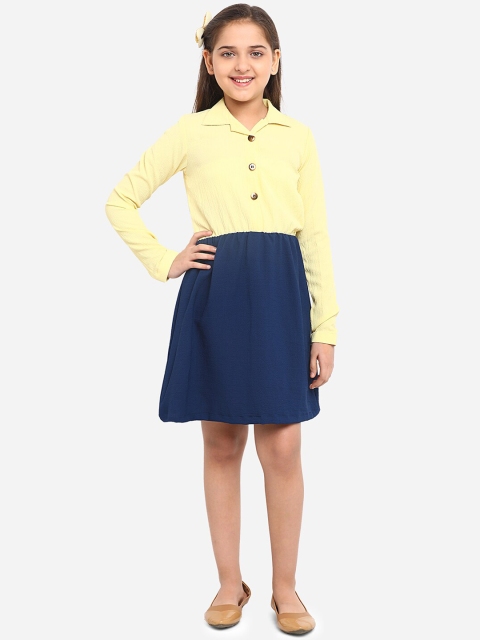 

Yuvraah Girls Yellow & Blue Colourblocked Shirt Dress