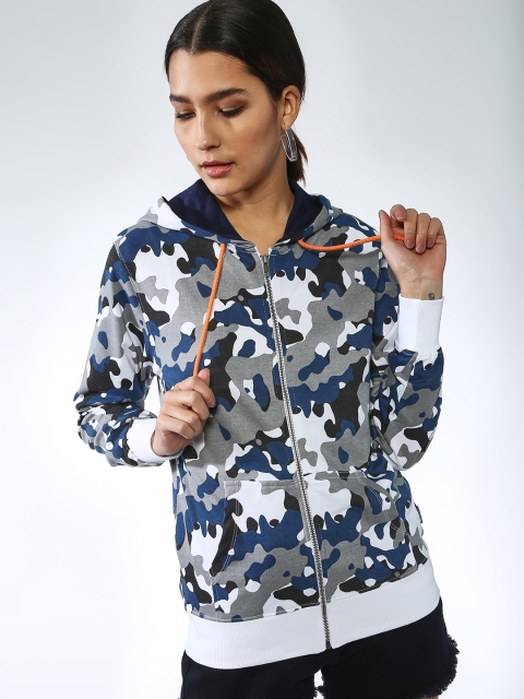 

Blue Saint Women Grey & Blue Printed Hooded Sweatshirt