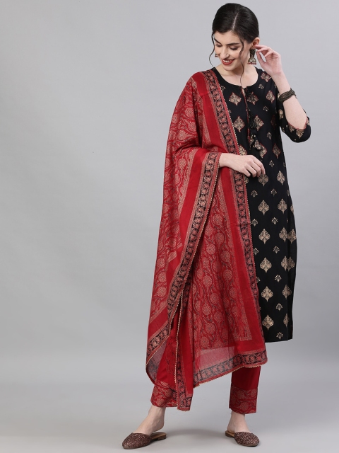 

Ishin Women Black & Maroon Printed Kurta with Trousers & Dupatta