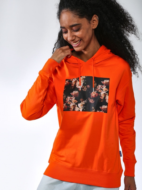 

Blue Saint Women Orange Printed Hooded Sweatshirt
