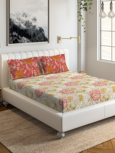 

DDecor Cream-Coloured & Red Floral 144 TC Cotton 1 Queen Bedsheet with 2 Pillow Covers