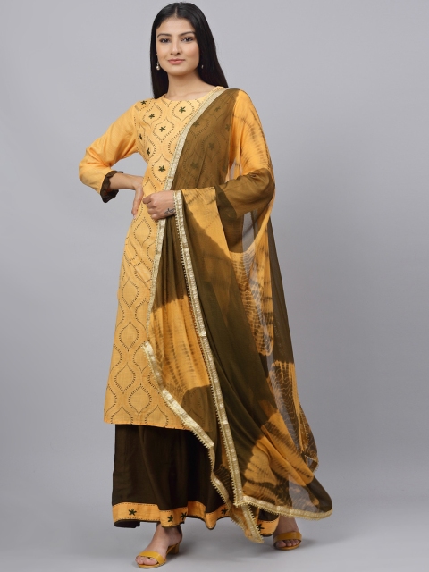 

ANAISA Women Mustard Printed Kurta with Skirt & Dupatta