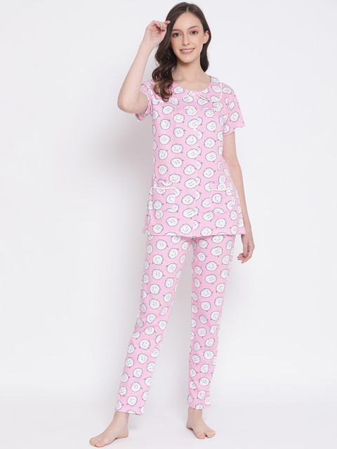 

Kanvin Women Pink & White Printed Night suit