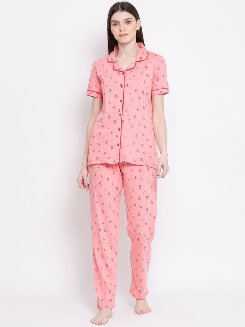 

Kanvin Women Peach-Coloured & Red Printed Night suit