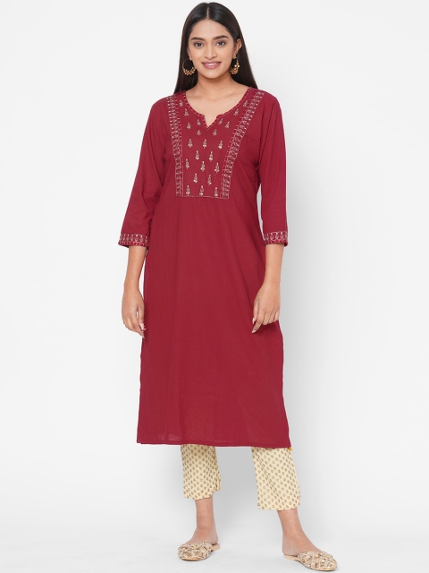 

Vedic Women Maroon Ethnic Motifs Yoke Design Thread Work Kurta