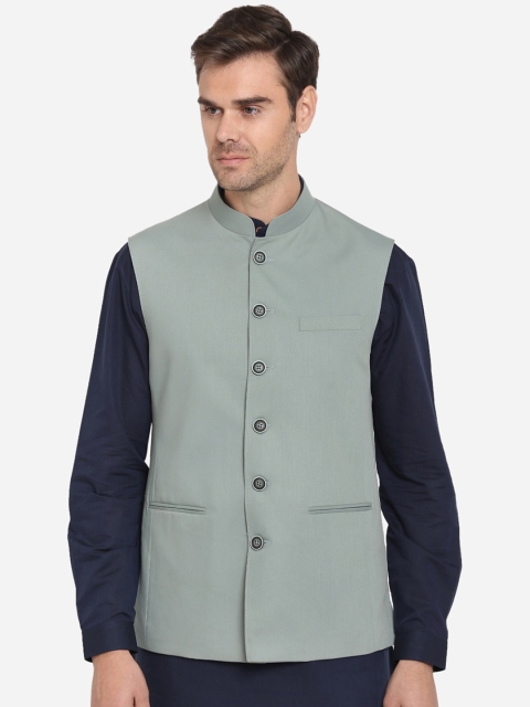 

MODI JACKET Men Green Solid Woven Nehru Jacket