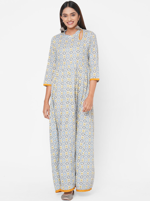 

Vedic Women Grey & Yellow Printed Maxi Dress