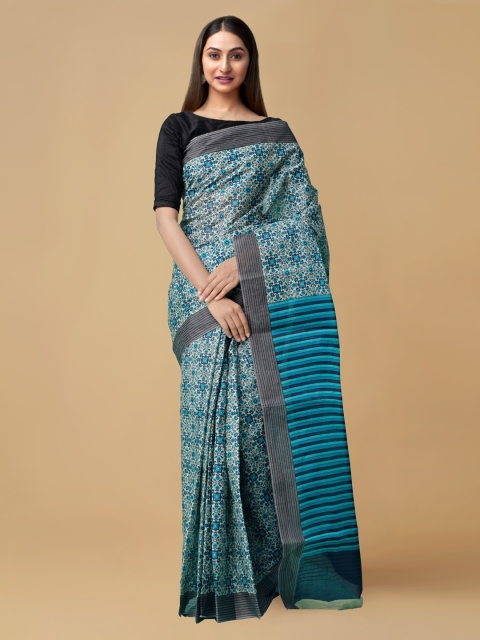 

Unnati Silks Cream-Coloured & Blue Pure Cotton Printed Handloom Kovai Saree