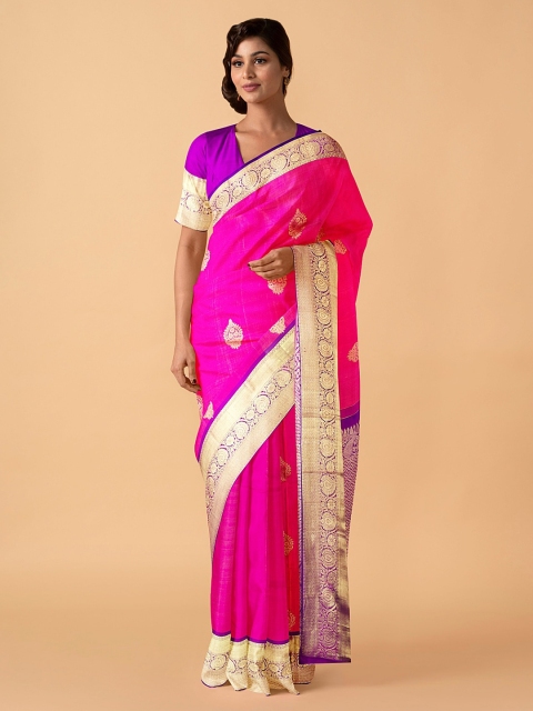 

Taneira Pink & Gold-Toned Pure Silk Woven Design Kanjeevaram Saree with Zari Border