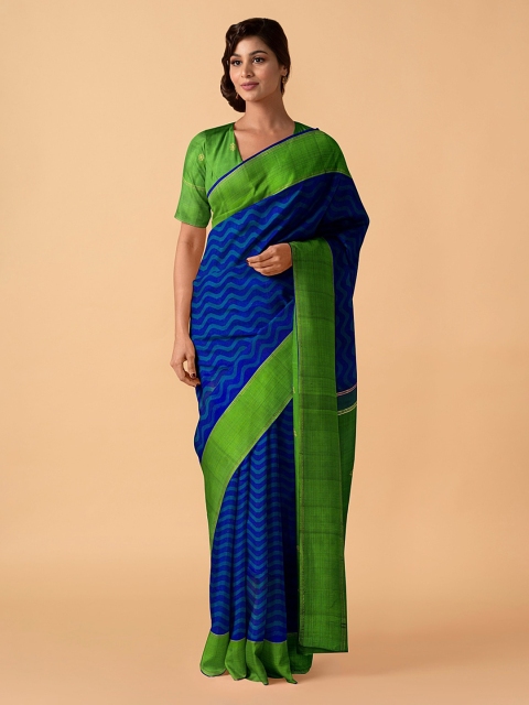

Taneira Blue & Green Pure Silk Striped Kanjeevaram Saree