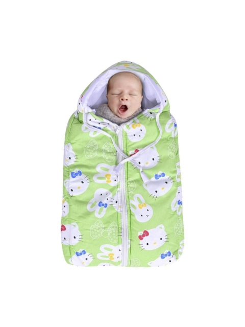 

Moms Home Infant Kids Green & White Kitty Printed Cotton Sleeping Bag