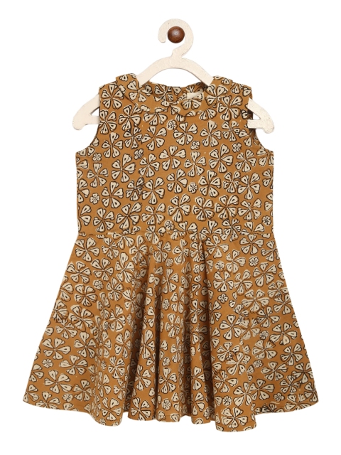 

charkhee Girls Mustard Brown Printed Cotton Fit and Flare Dress
