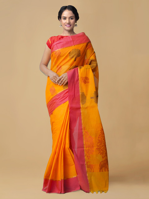 

Unnati Silks Orange Pure Cotton Woven Design Uppada Saree